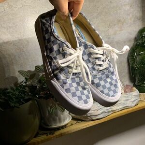 Blue and White Checkerboard Lace-Up Sneakers Vans
